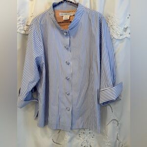 Gretchen Scott Blue and White Striped Shirt with 3/4 sleeves